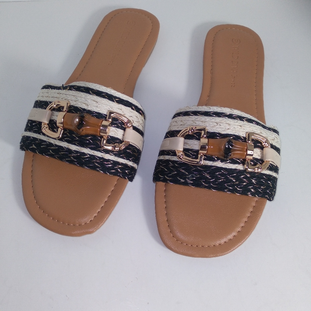 Beige and Black Band W/Bamboo Design Slide Sandals - Picture 7 of 7